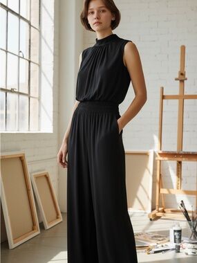 Ramy Brook Dani Black Sleeveless Mock Neck Wide Leg Jumpsuit NWT Size L